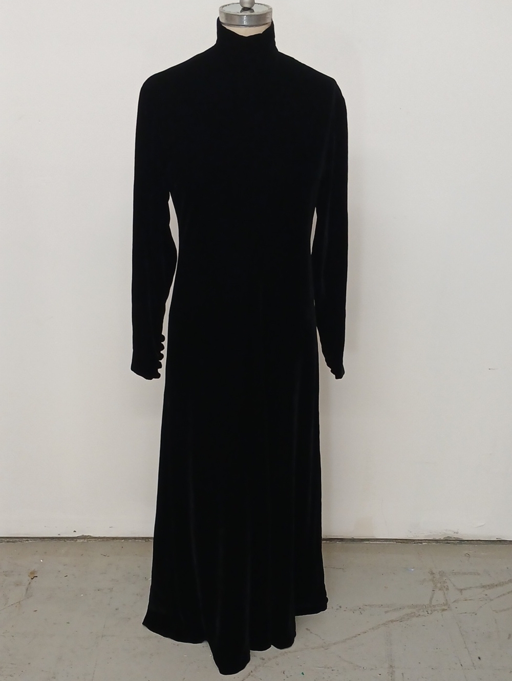 Vintage Mary Ann Restivo Black Silk Velvet Goth Maxi Dress with Button Detail